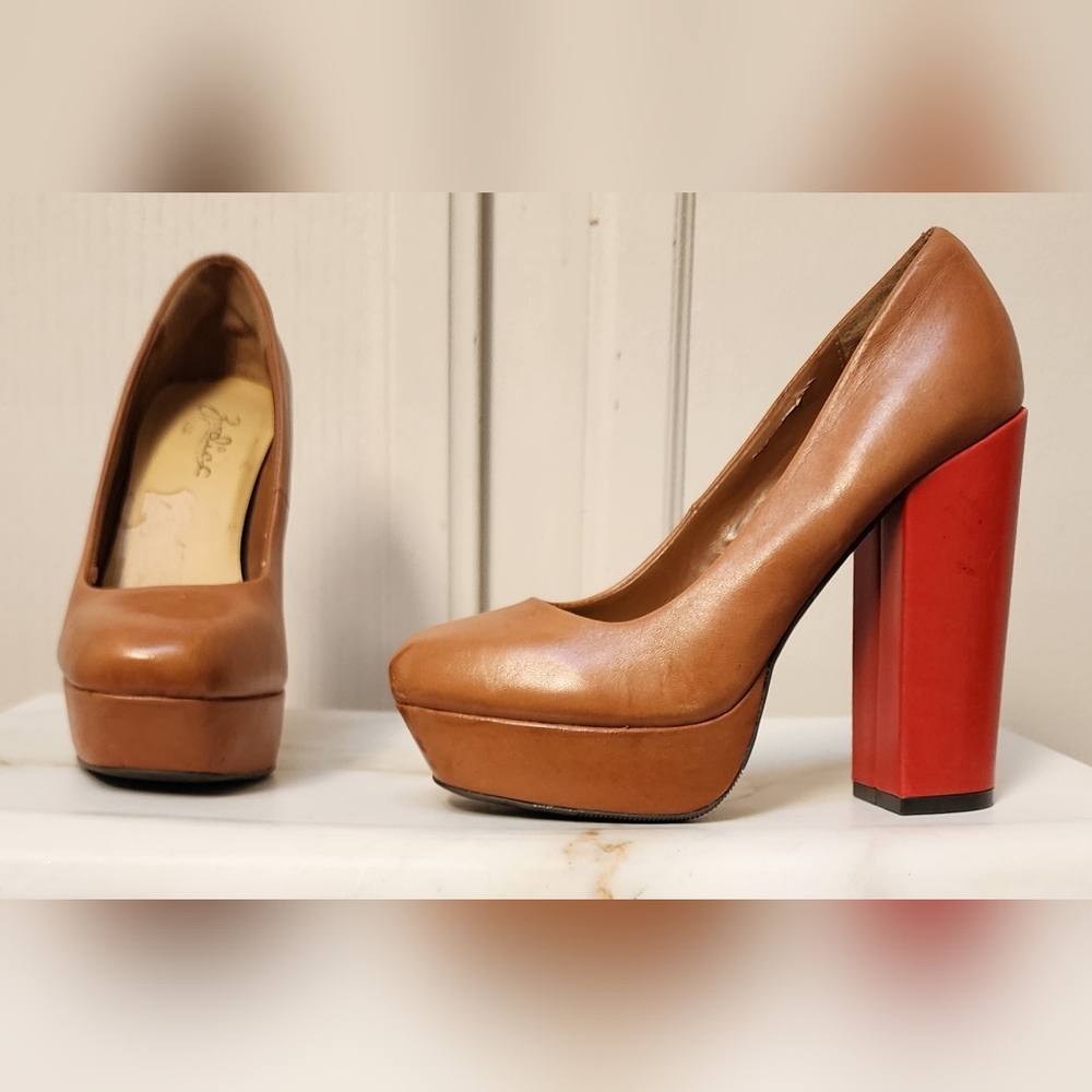 Zodiac Brown Leather Platform Pumps with Red Block Heels